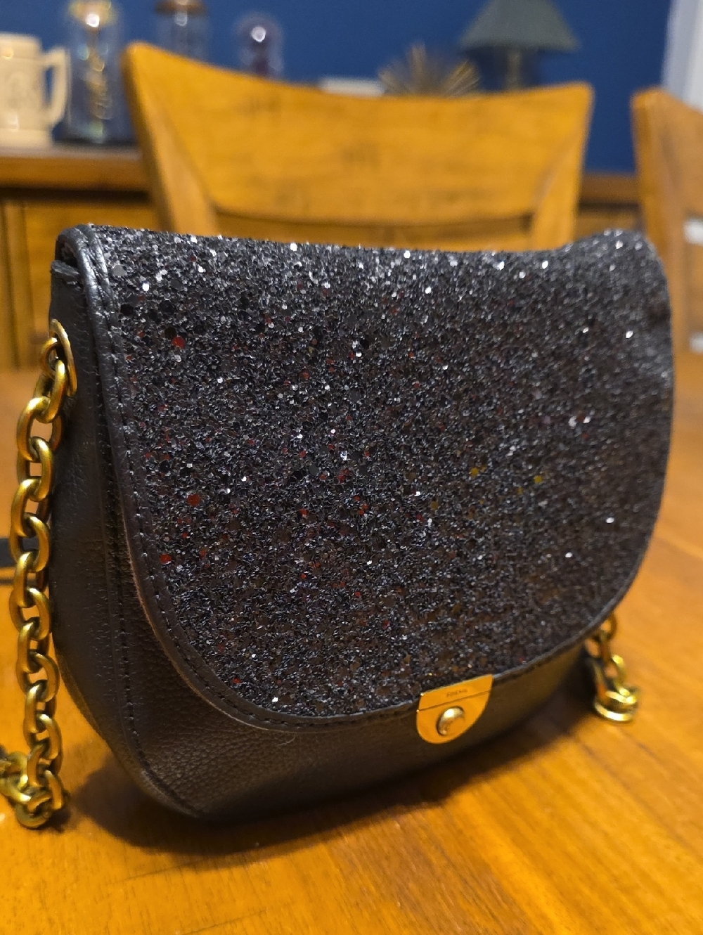 Fossil Black Glitter Flap Crossbody with Gold-Tone Hardware - Picture 15 of 16